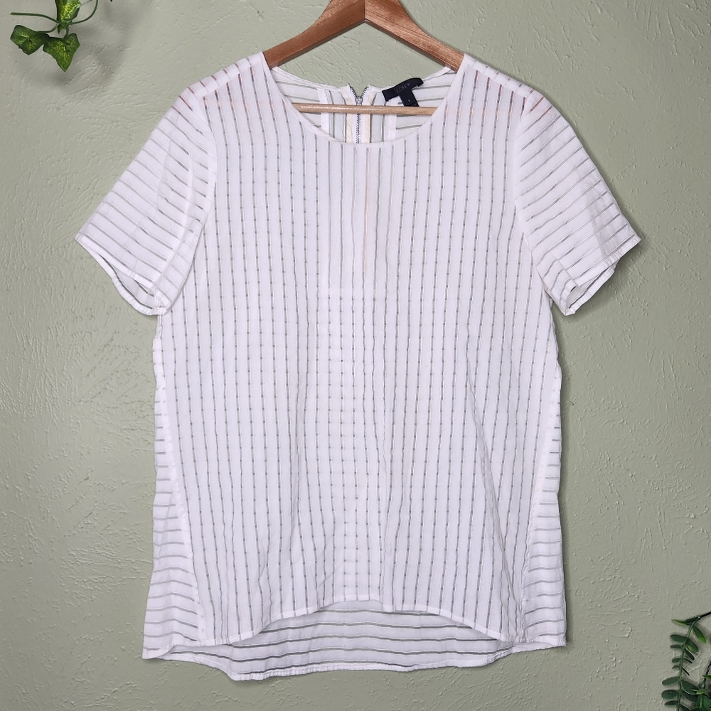 J. Crew Sheer White Striped Short Sleeve Top Size 8 Spring Summer Lightweight